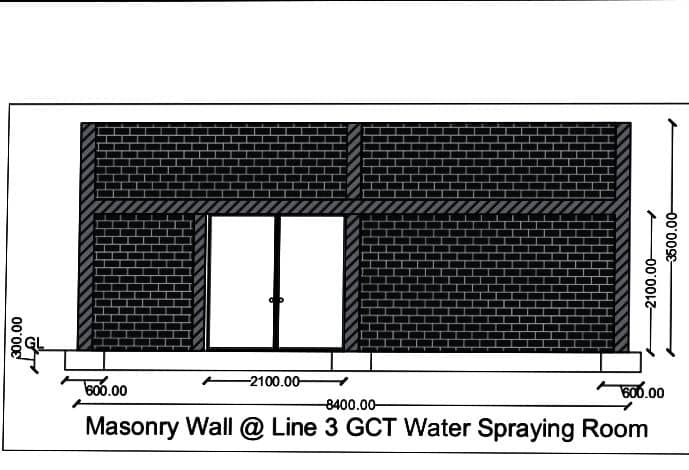 Company technical drawing showing a masonry wall elevation for the Line 3 GCT Water Spraying Room
