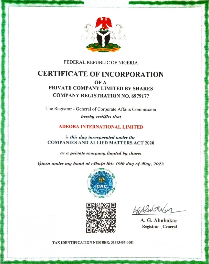 ADEOBA INTERNATIONAL LIMITED Certificate of Incorporation issued by the Corporate Affairs Commission