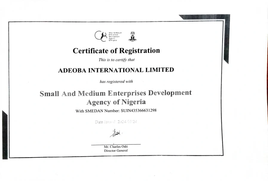 ADEOBA INTERNATIONAL LIMITED certificate of registration with the Small and Medium Enterprises Development Agency of Nigeria