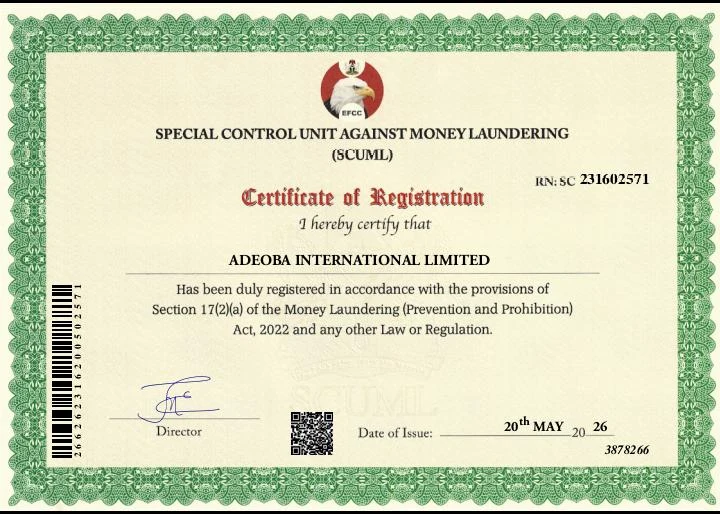 SCUML Certificate of Registration for ADEOBA INTERNATIONAL LIMITED